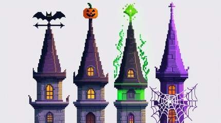 Fototapeta premium Pixel art haunted towers with bat pumpkin green energy and spiderweb details