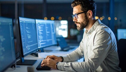 A programmer working in low light, with a serious look in his eyes