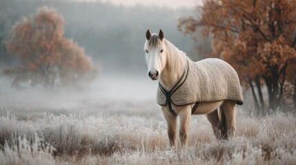 White horse wearing a blanket stands in frosty meadow with autumn trees during early morning light