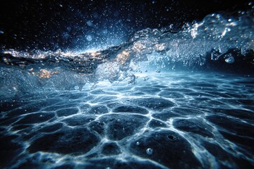 Underwater water surface, waves, and bubbles