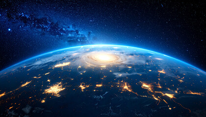 Obraz premium View of planet Earth from space at night with a hurricane swirling over illuminated continents and the Milky Way galaxy.