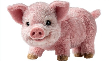 Cute pink stuffed pig toy sitting on a white background with a cheerful expression