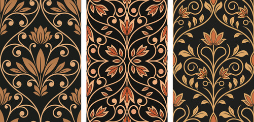 Set of Gold on Black Ornamental Floral Pattern Vector Illustrations