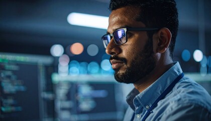 A programmer working in low light, with a serious look in his eyes