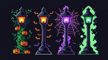Pixel art Halloween street lamps with pumpkins bats and spiderwebs on dark background