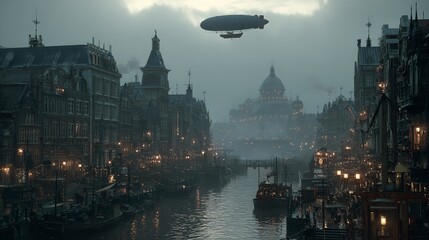 Naklejka premium An airship drifts over a steampunk city its lights reflect in the misty on transparent background