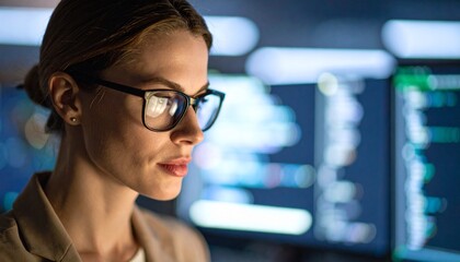 A programmer working in low light, with a serious look in his eyes