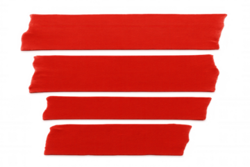 Four horizontal strips of red masking tape with torn edges on a transparent background, creating a simple yet striking visual