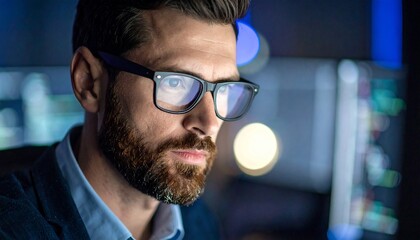 A programmer working in low light, with a serious look in his eyes
