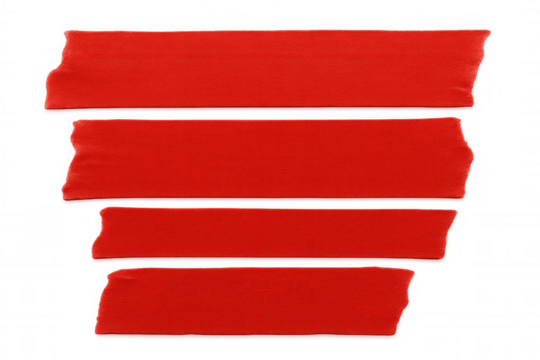 Four horizontal strips of red masking tape with torn edges on a transparent background, creating a simple yet striking visual - Powered by Adobe