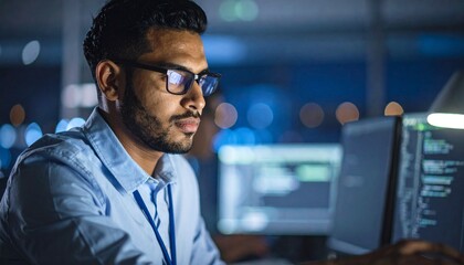 A programmer working in low light, with a serious look in his eyes