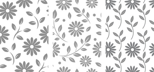 Set Gray Daisy Floral Pattern Vector 