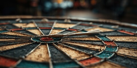 Close-up of a weathered dartboard with a dart lodged in it