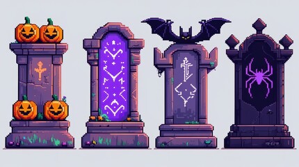 Four pixel art tombstones with Halloween themes including jack o' lanterns a bat and a spider