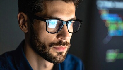 Obraz premium A programmer working in low light, with a serious look in his eyes