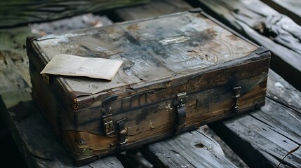 Obraz premium Discover forgotten stories within this vintage battered suitcase resting on weathered wood planks