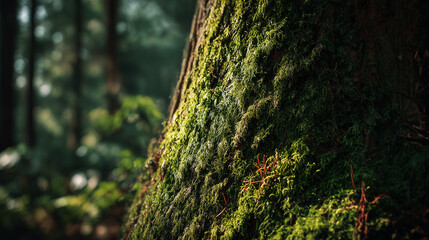 Obraz premium Close-Up of Green Moss on Tree Trunk in Forest Wallpaper. Ai gen. 