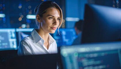 A programmer working in low light, with a serious look in his eyes