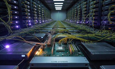A server rack room filled with interconnected computer hardware.  Rows of server racks extend into the distance,  filled with components and intricate wiring.  Bright lights illuminate the interior