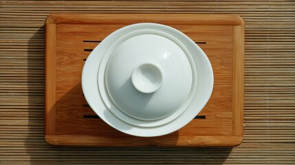 An Asian style tea set with a white ceramic teapot and round tray on a bamboo mat,