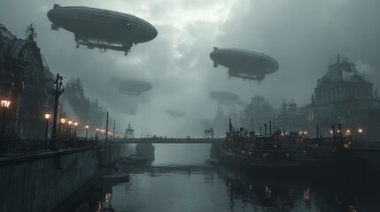 Fototapeta premium Steampunk city filled with a mysterious fog and flying airships in a on transparent background