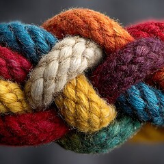 Close-up of a complex knot made from intertwined colorful ropes in various shades of blue, red