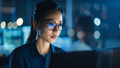 A programmer working in low light, with a serious look in his eyes