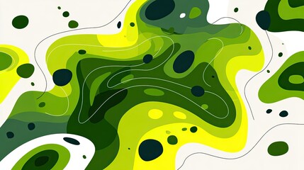 Abstract, layered shapes in vibrant greens, yellows, and whites with dark accents