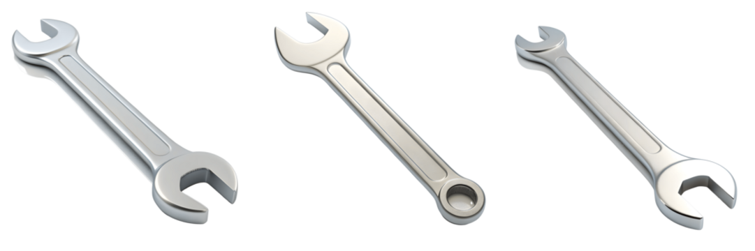 Set For Three silver metal wrenches isolated on transparent background are displayed