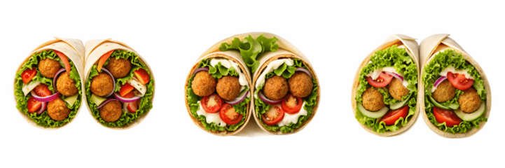 Set For falafel wraps with fresh vegetables isolated on transparent background