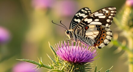 Obraz premium Delicate butterfly with artistic wings perched gracefully upon a thistle blossom