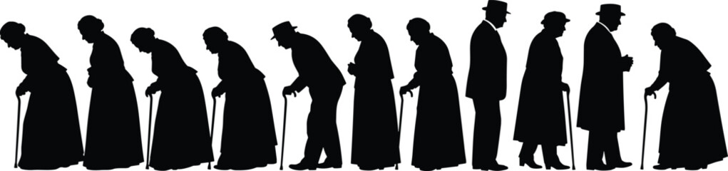 Elderly people silhouette, aging process illustration, old men and women, walking with cane, senior couple, life stages, vintage vector design