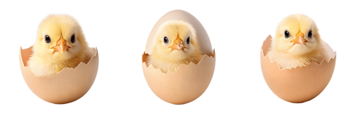Set For Three baby chicks emerge from their eggs isolated on transparent background