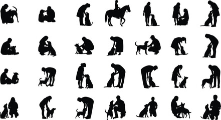 Dog training silhouettes, pet owner interaction, animal care poses, obedience practice, canine behavior, friendship, love for pets, human dog bond, companionship, trust