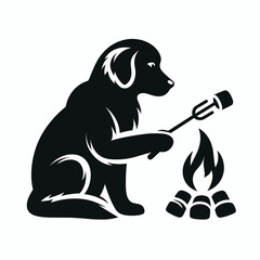 Golden Retriever Dog roasting marshmallows. Cartoon Animal Clipart Silhouette Vector Illustration Line Art Illustration. Canine enjoying campfire treat a cheerful pet near fire cooking.