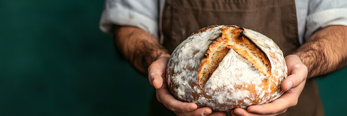 Close-up of a professional baker's hands meticulously preparing artisanal sourdough bread wide banner - green background
