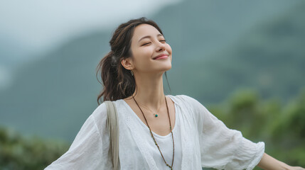 自然の中で深呼吸する女性