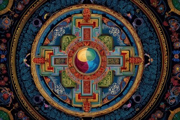 Fototapeta premium Colorful Mandala Art Tibetan spiritual symbol, intricate design, dark background, meditation aid