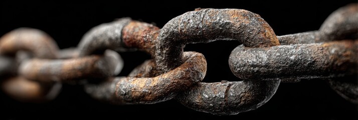 Rusty chain links with texture highlighting wear and age against a black background