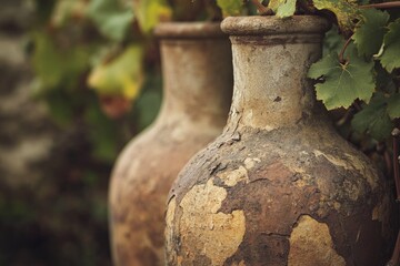 Two weathered clay amphoras, possibly for wine, rest amongst grapevines.