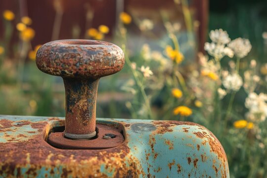 Rusty metal knob of old machinery, blurred wildflowers in background.  Nature's gentle decay. - Powered by Adobe