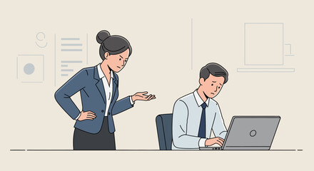 Woman scolding man at office desk with laptop