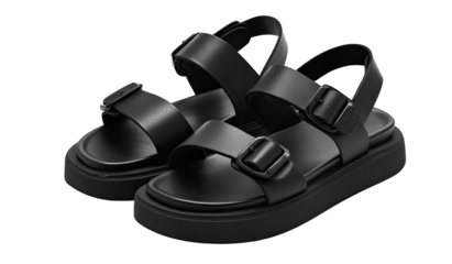 Pair of black leather platform sandals.  Dual adjustable straps.  Bold chunky sole