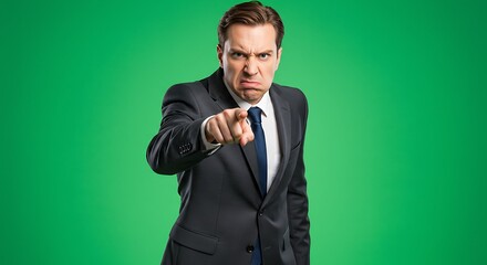 Man in suit angrily pointing at the viewer against a green background