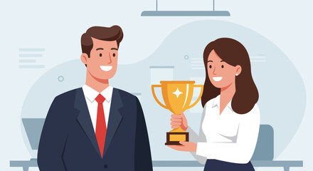 Woman presents trophy to smiling man in office