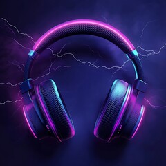 Stylish neon illuminated modern headphones with glowing lightning bolts creating a dynamic photo