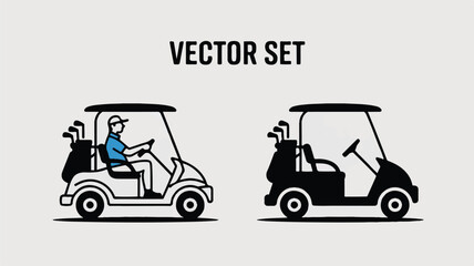 Golf Cart Vector Set Illustrating Recreational Sport and Transportation Graphics Featuring a Golfer Driving and a Silhouette Perfect for Course Design
