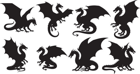 Mythical Dragon Silhouette Isolated on White Background