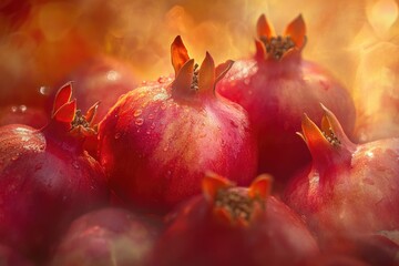 Close-up of several ripe pomegranates, glistening with water droplets, bathed in warm light.