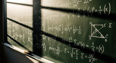 Chalkboard filled with complex mathematical equations and diagrams, illuminated by sunlight streaming through a window, casting distinct shadows